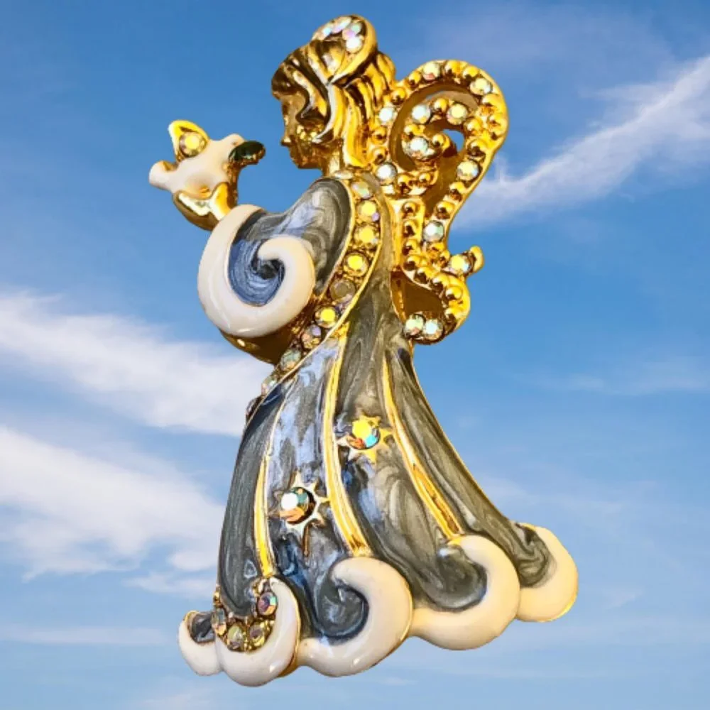 Christopher Radko Vintage Christmas Angel Brooch Blue Enamel Rhinestones Dove